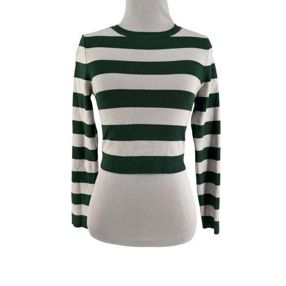 Zara Women's White & Green Striped Long Sleeve Crop Jumper Sweater Size Medium - Picture 1 of 6